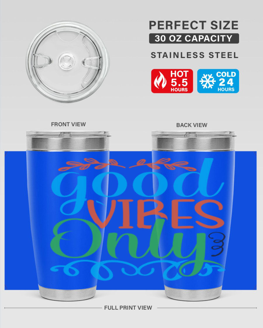 Good Vibes Only 198# Mermaid Tumbler in vibrant colors, showcasing its sleek design and drink-thru lid.