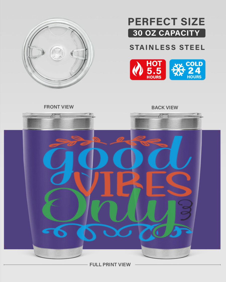 Good Vibes Only 198# Mermaid Tumbler in vibrant colors, showcasing its sleek design and drink-thru lid.