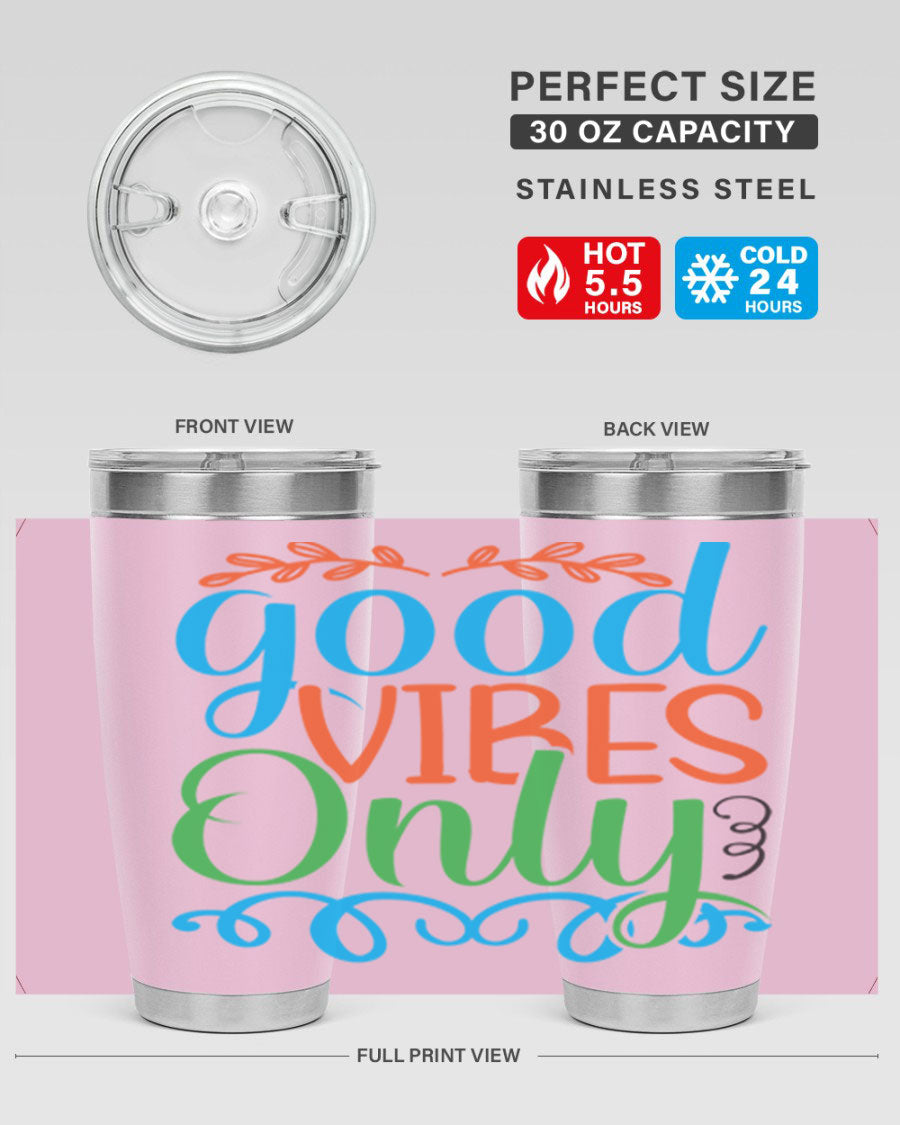 Good Vibes Only 198# Mermaid Tumbler in vibrant colors, showcasing its sleek design and drink-thru lid.