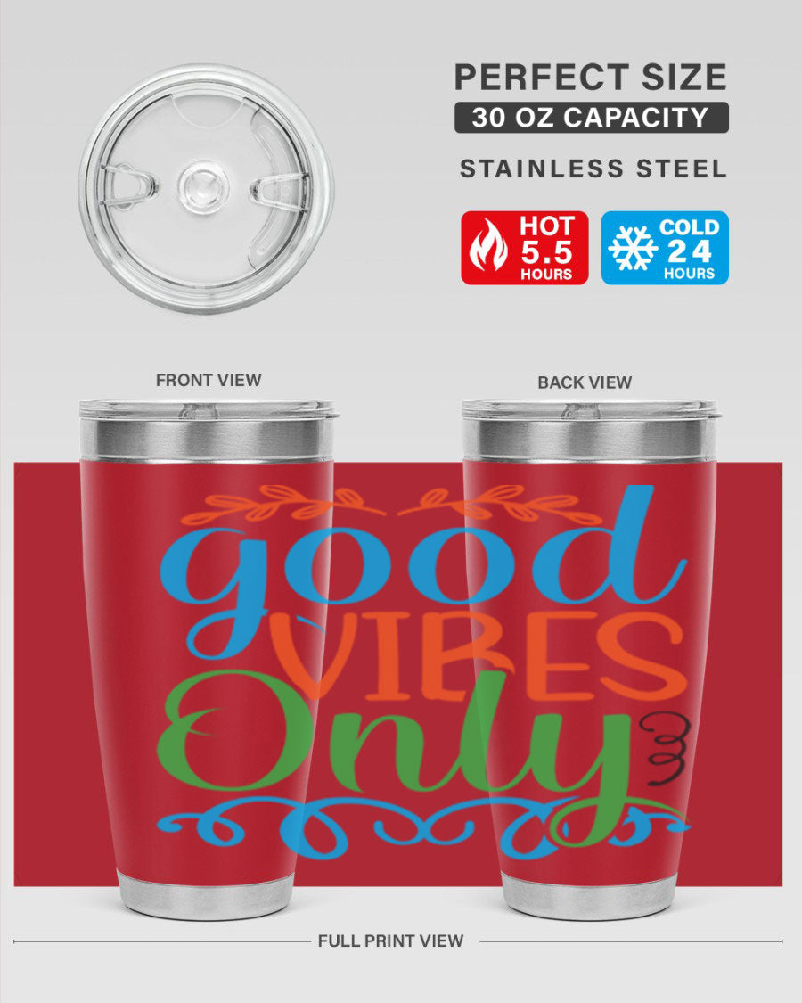 Good Vibes Only 198# Mermaid Tumbler in vibrant colors, showcasing its sleek design and drink-thru lid.