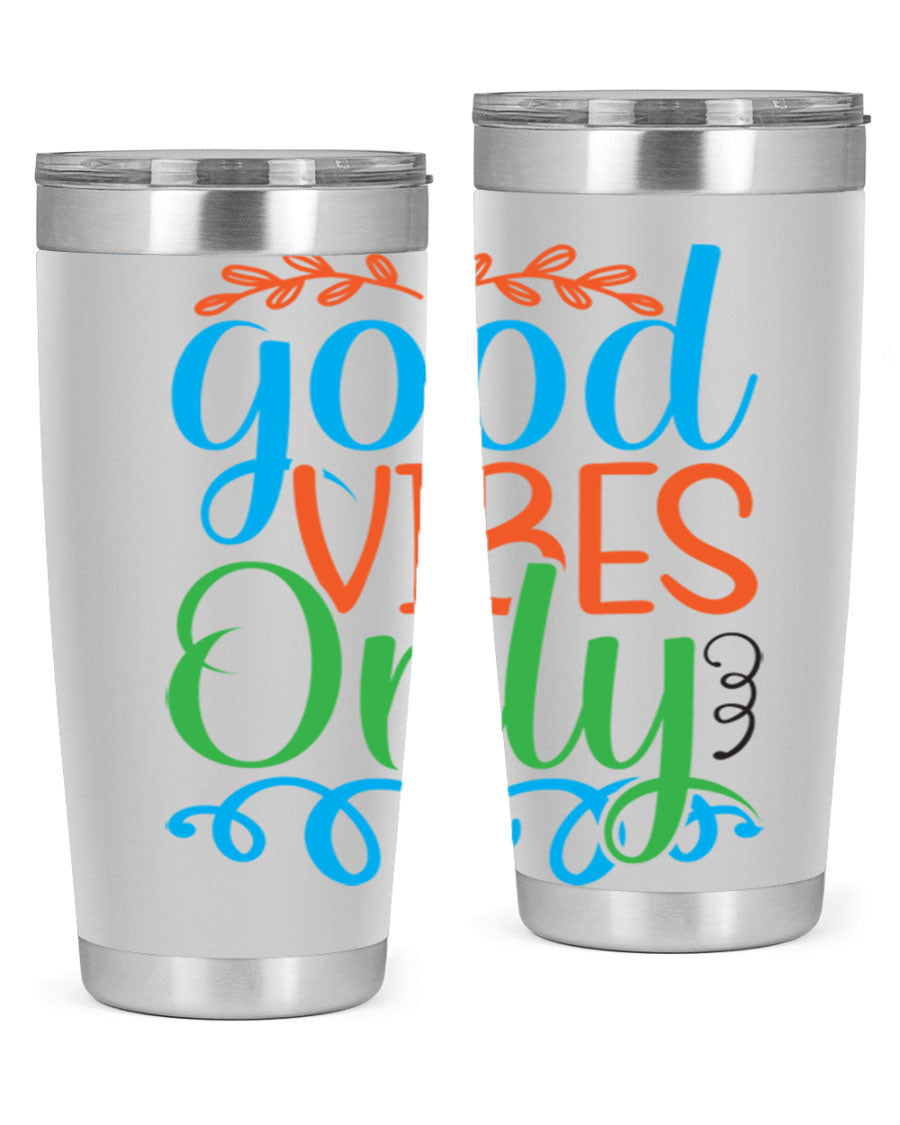 Good Vibes Only 198# Mermaid Tumbler in vibrant colors, showcasing its sleek design and drink-thru lid.