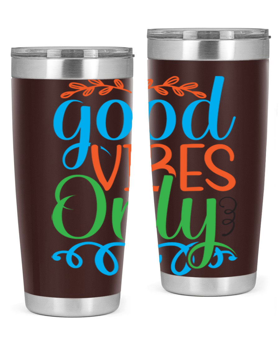Good Vibes Only 198# Mermaid Tumbler in vibrant colors, showcasing its sleek design and drink-thru lid.