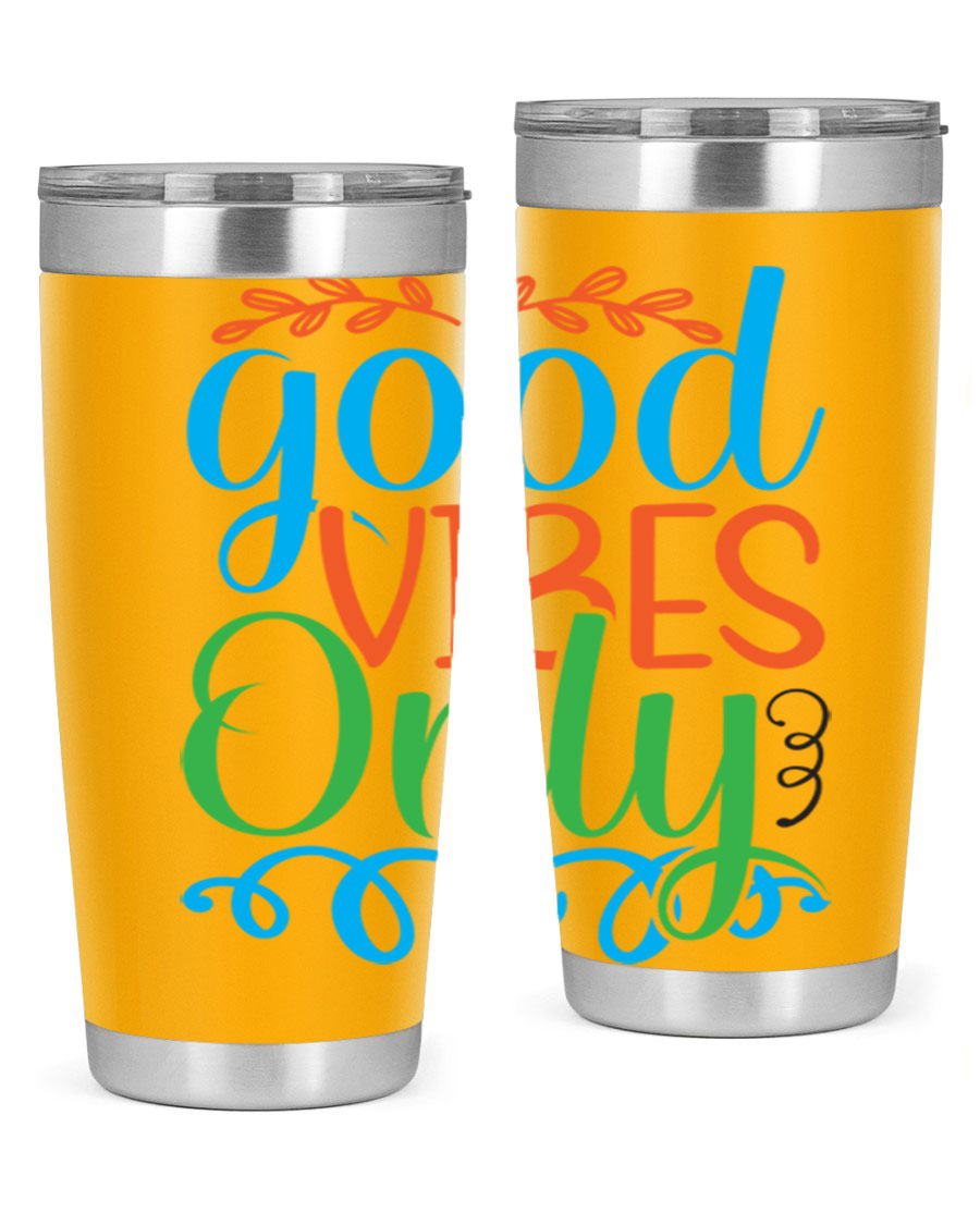 Good Vibes Only 198# Mermaid Tumbler in vibrant colors, showcasing its sleek design and drink-thru lid.