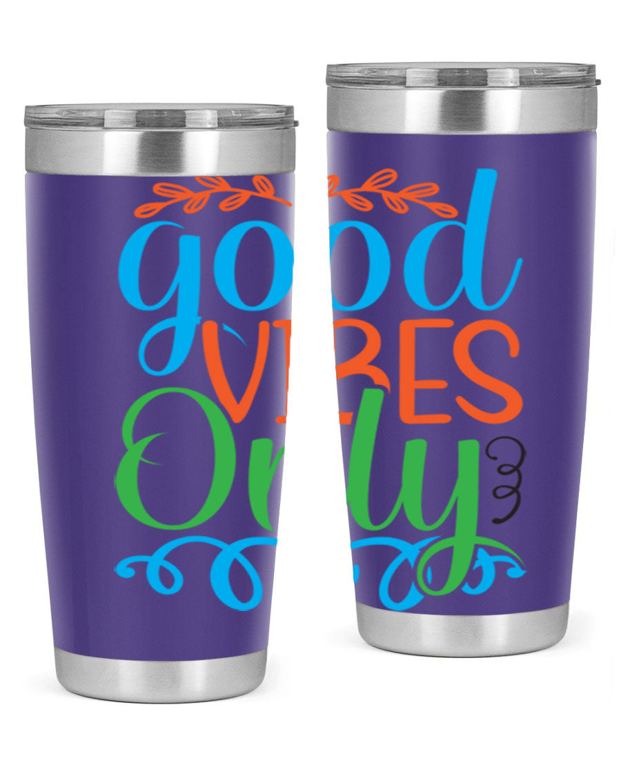 Good Vibes Only 198# Mermaid Tumbler in vibrant colors, showcasing its sleek design and drink-thru lid.