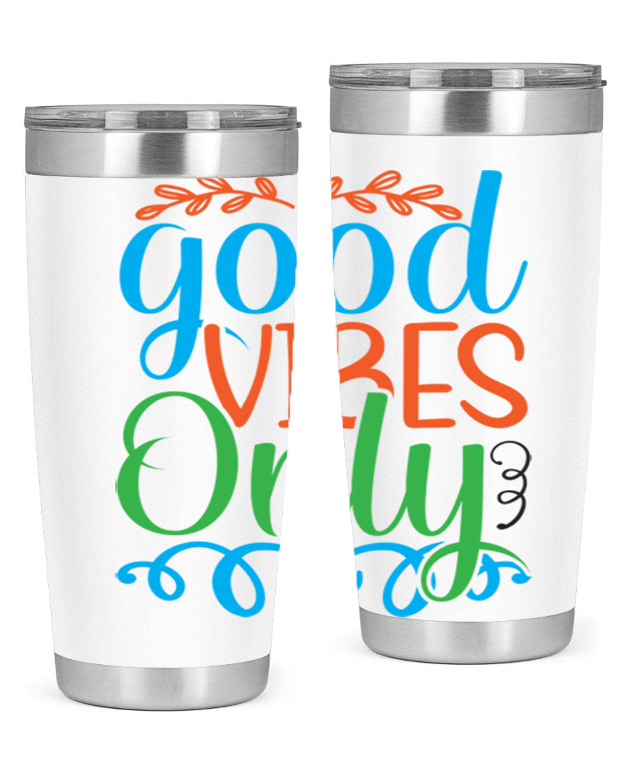 Good Vibes Only 198# Mermaid Tumbler in vibrant colors, showcasing its sleek design and drink-thru lid.