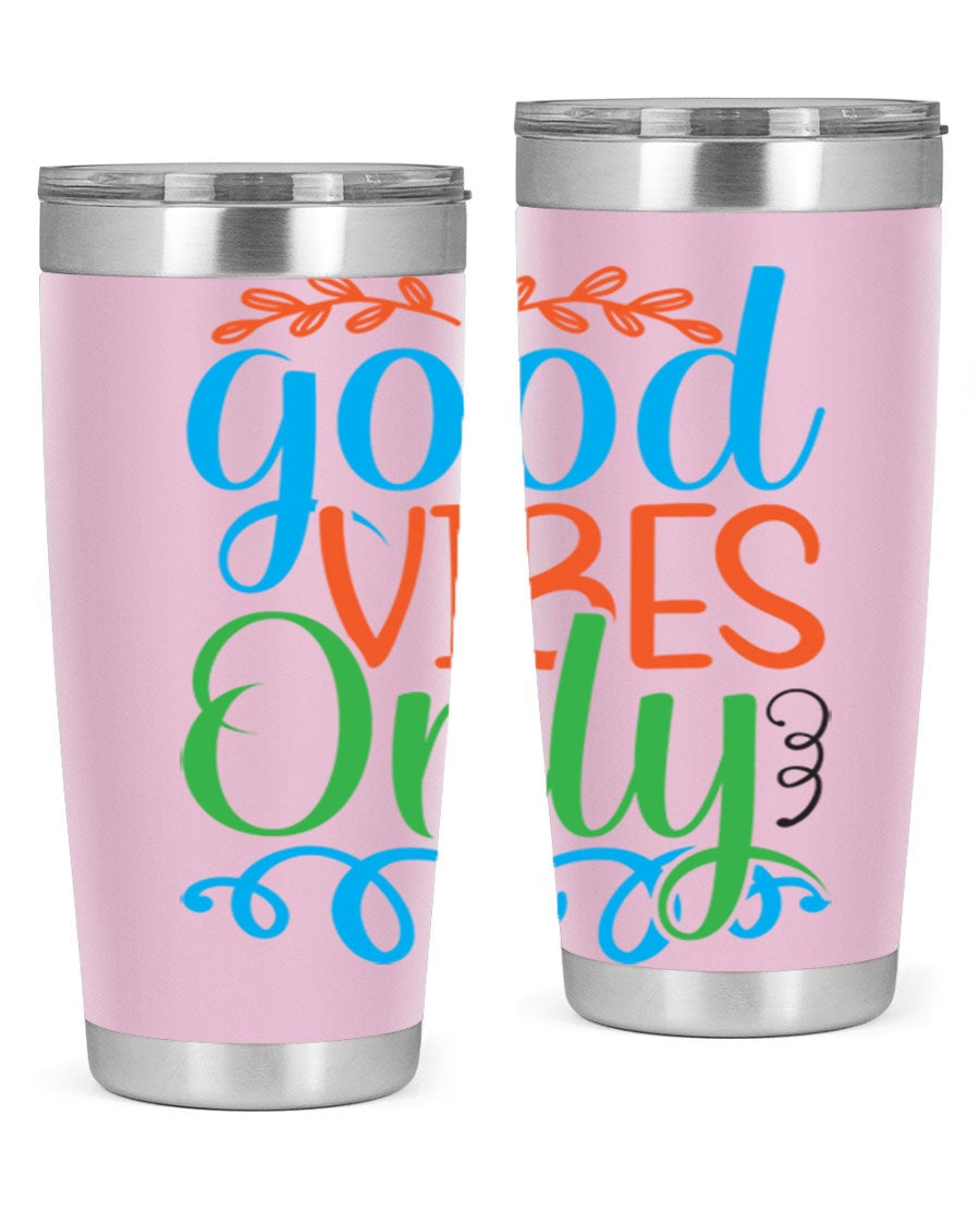 Good Vibes Only 198# Mermaid Tumbler in vibrant colors, showcasing its sleek design and drink-thru lid.