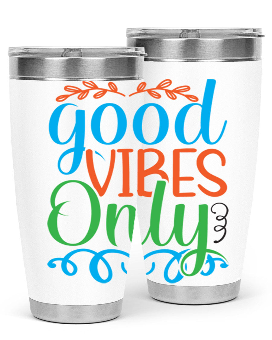 Good Vibes Only 198# Mermaid Tumbler in vibrant colors, showcasing its sleek design and drink-thru lid.