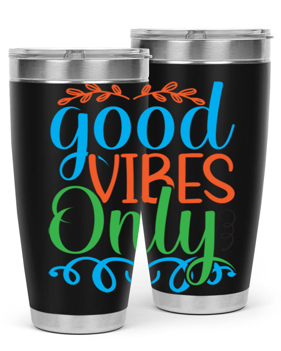Good Vibes Only 198# Mermaid Tumbler in vibrant colors, showcasing its sleek design and drink-thru lid.