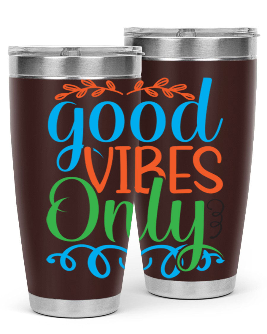 Good Vibes Only 198# Mermaid Tumbler in vibrant colors, showcasing its sleek design and drink-thru lid.