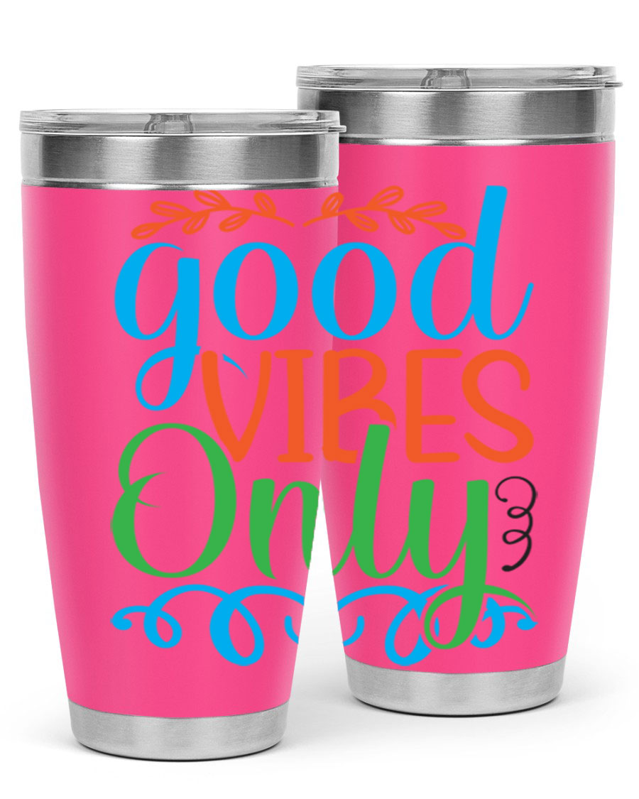 Good Vibes Only 198# Mermaid Tumbler in vibrant colors, showcasing its sleek design and drink-thru lid.