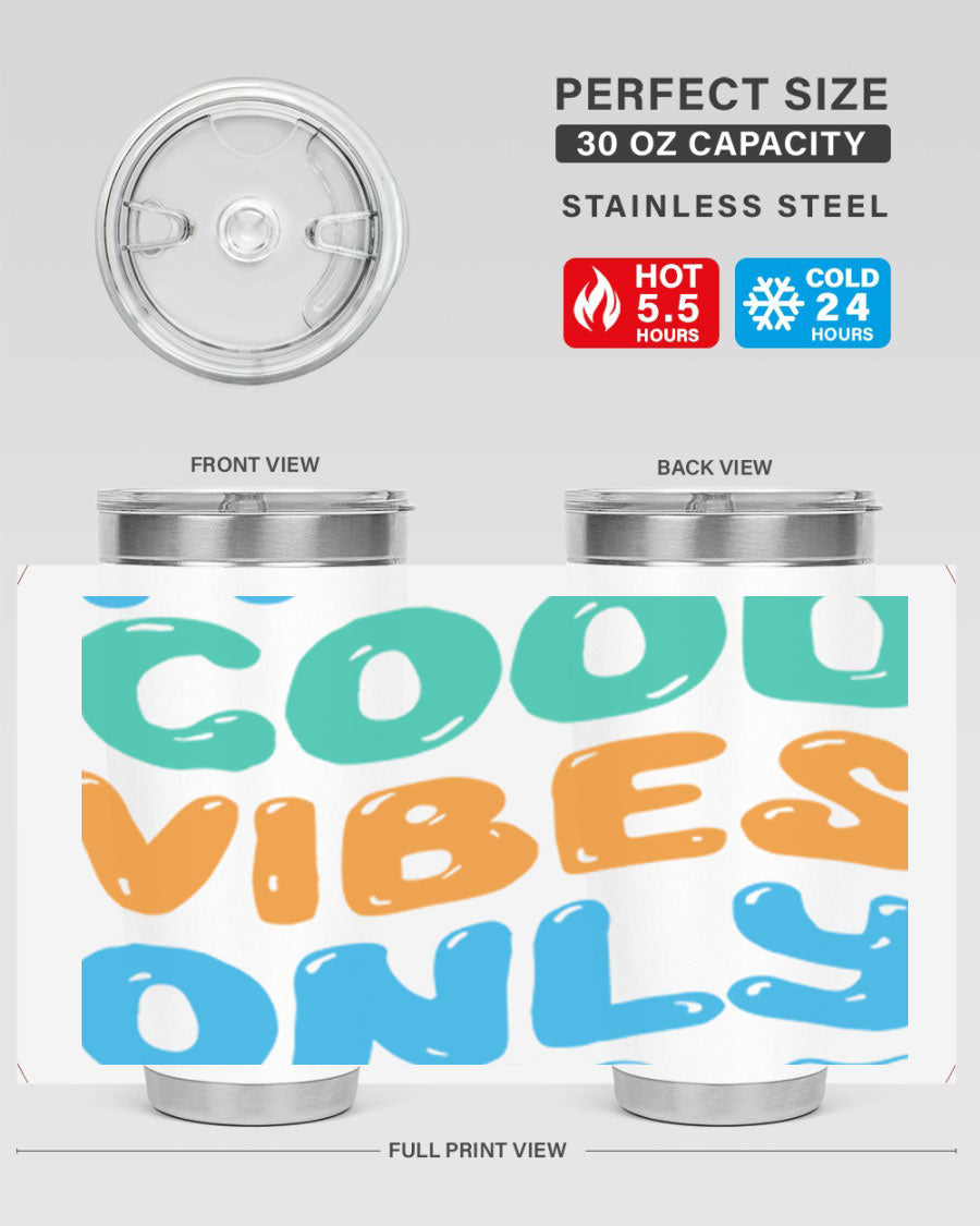 Good Vibes Only Design 20oz Mermaid Tumbler showcasing vibrant colors and stylish design, perfect for hot and cold beverages.