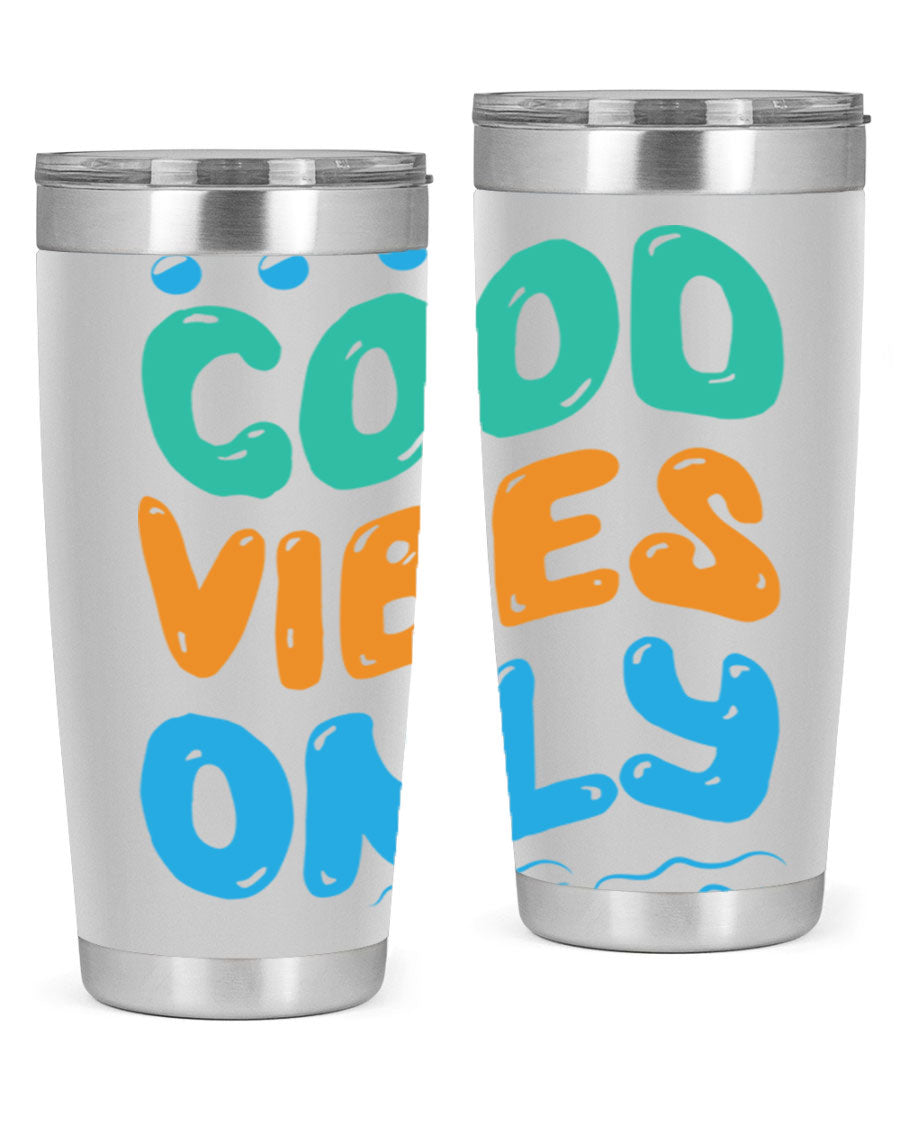 Good Vibes Only Design 20oz Mermaid Tumbler showcasing vibrant colors and stylish design, perfect for hot and cold beverages.