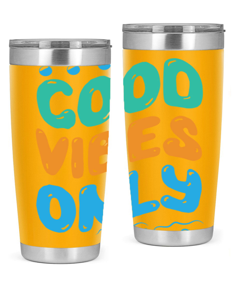 Good Vibes Only Design 20oz Mermaid Tumbler showcasing vibrant colors and stylish design, perfect for hot and cold beverages.