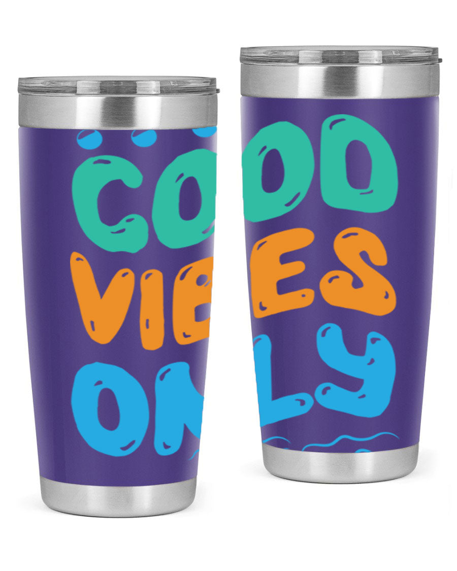 Good Vibes Only Design 20oz Mermaid Tumbler showcasing vibrant colors and stylish design, perfect for hot and cold beverages.