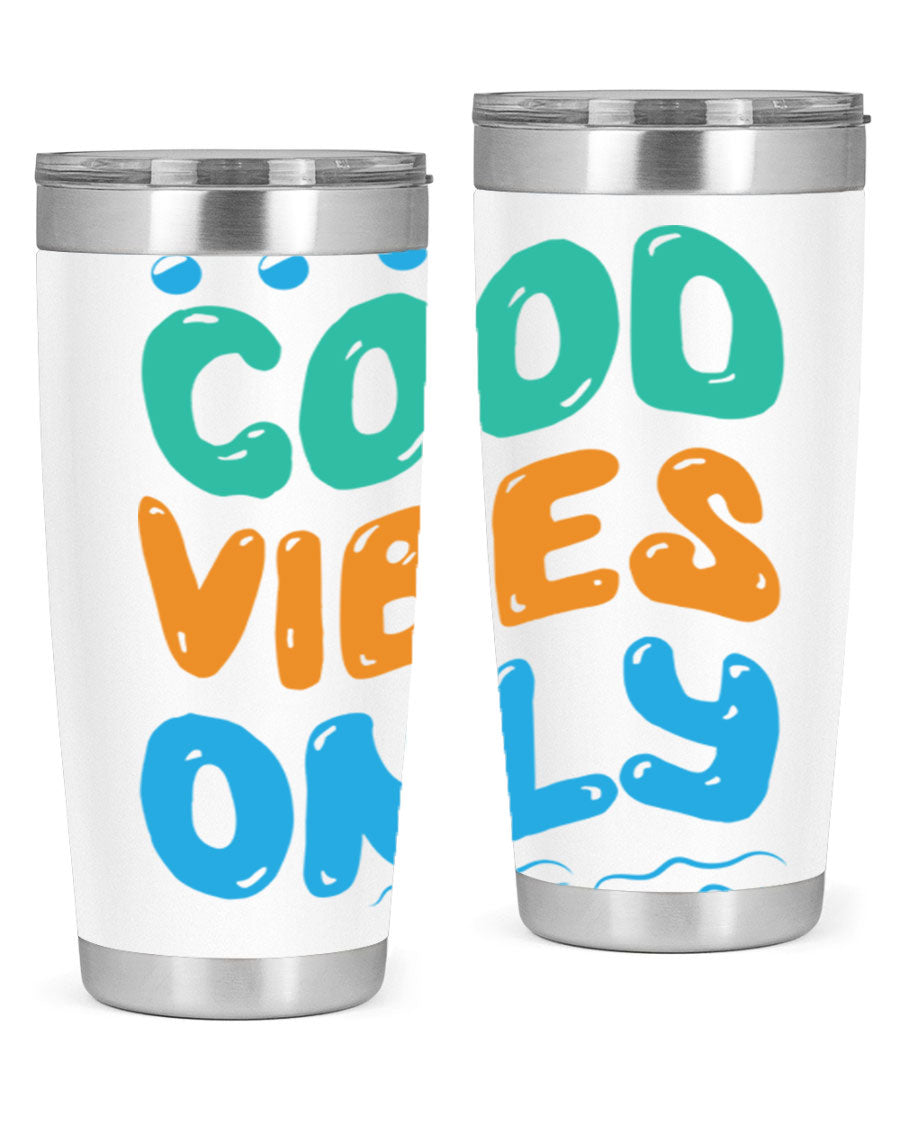 Good Vibes Only Design 20oz Mermaid Tumbler showcasing vibrant colors and stylish design, perfect for hot and cold beverages.
