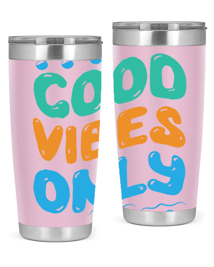 Good Vibes Only Design 20oz Mermaid Tumbler showcasing vibrant colors and stylish design, perfect for hot and cold beverages.