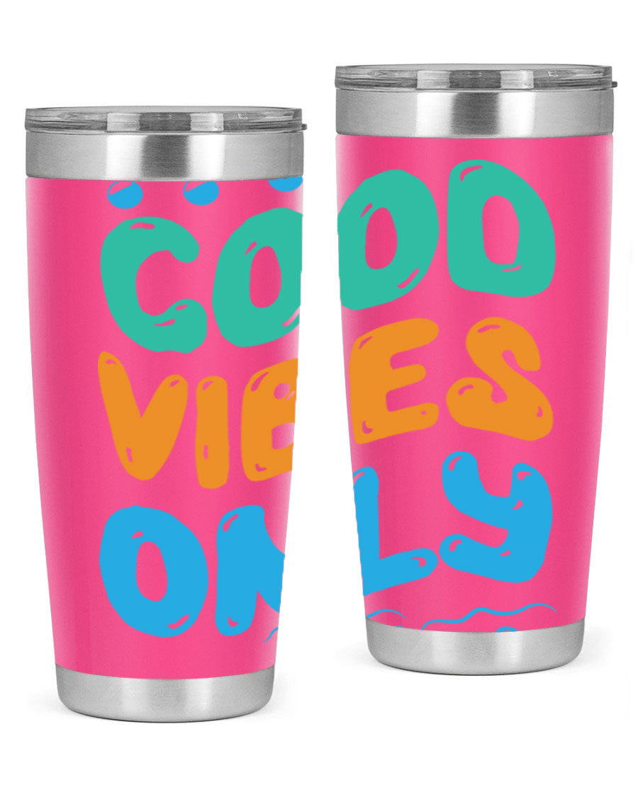 Good Vibes Only Design 20oz Mermaid Tumbler showcasing vibrant colors and stylish design, perfect for hot and cold beverages.
