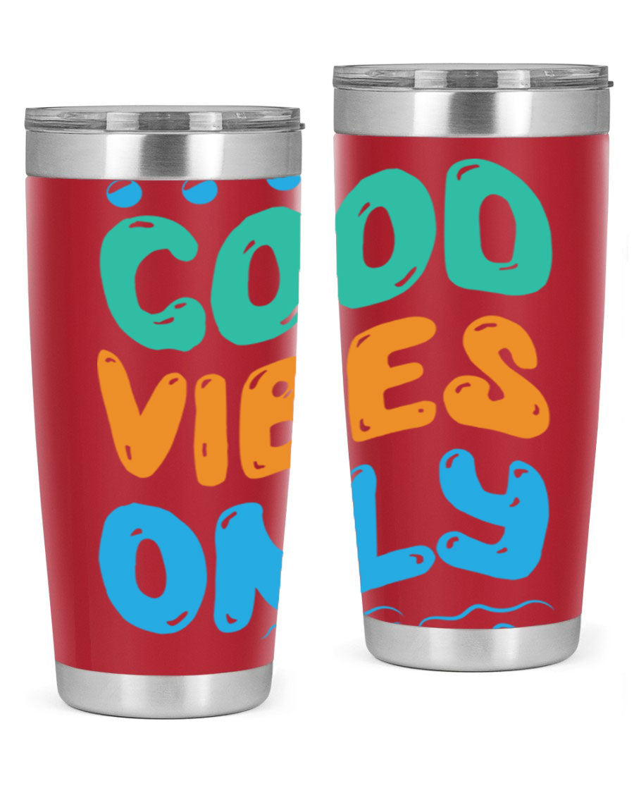 Good Vibes Only Design 20oz Mermaid Tumbler showcasing vibrant colors and stylish design, perfect for hot and cold beverages.