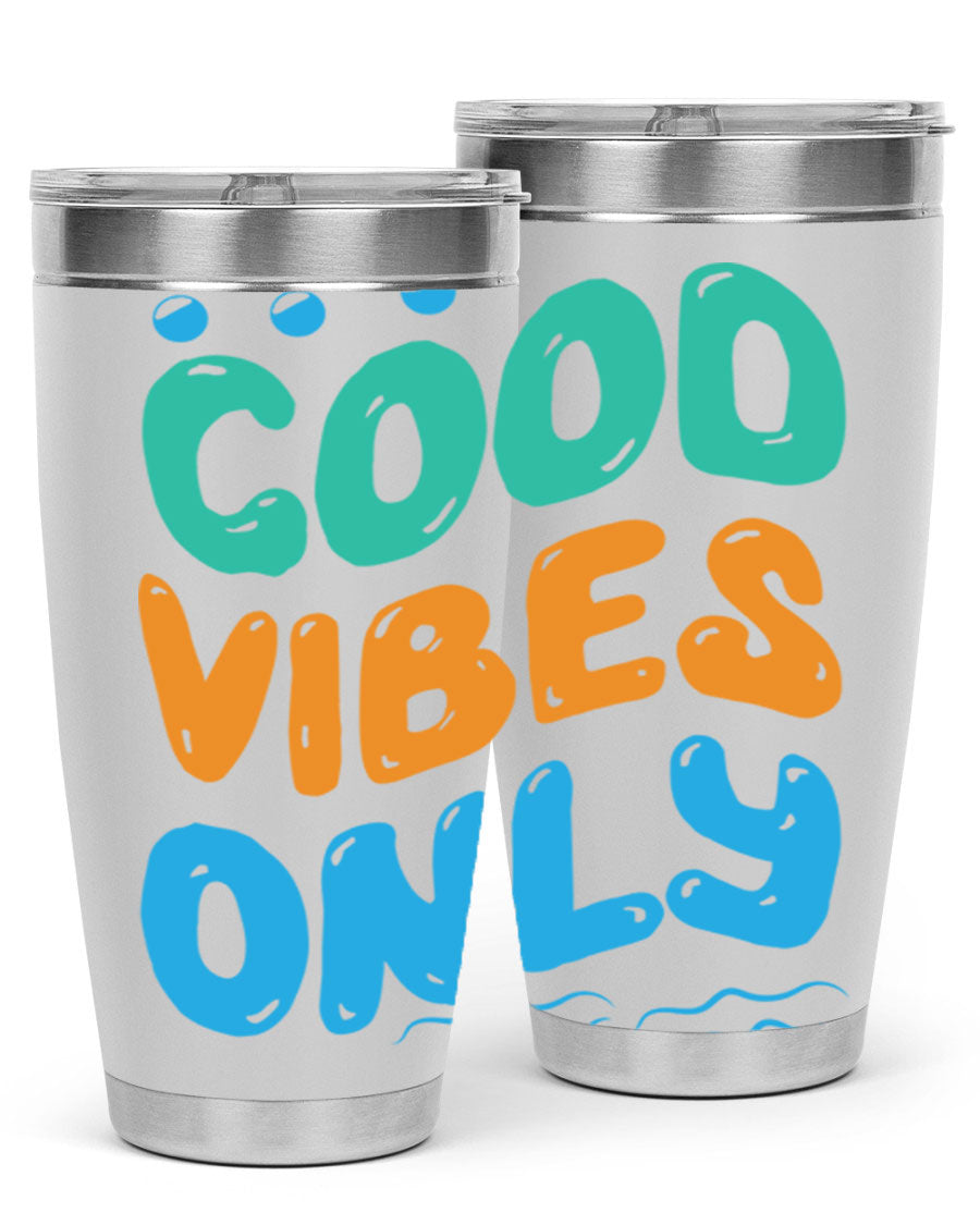 Good Vibes Only Design 20oz Mermaid Tumbler showcasing vibrant colors and stylish design, perfect for hot and cold beverages.