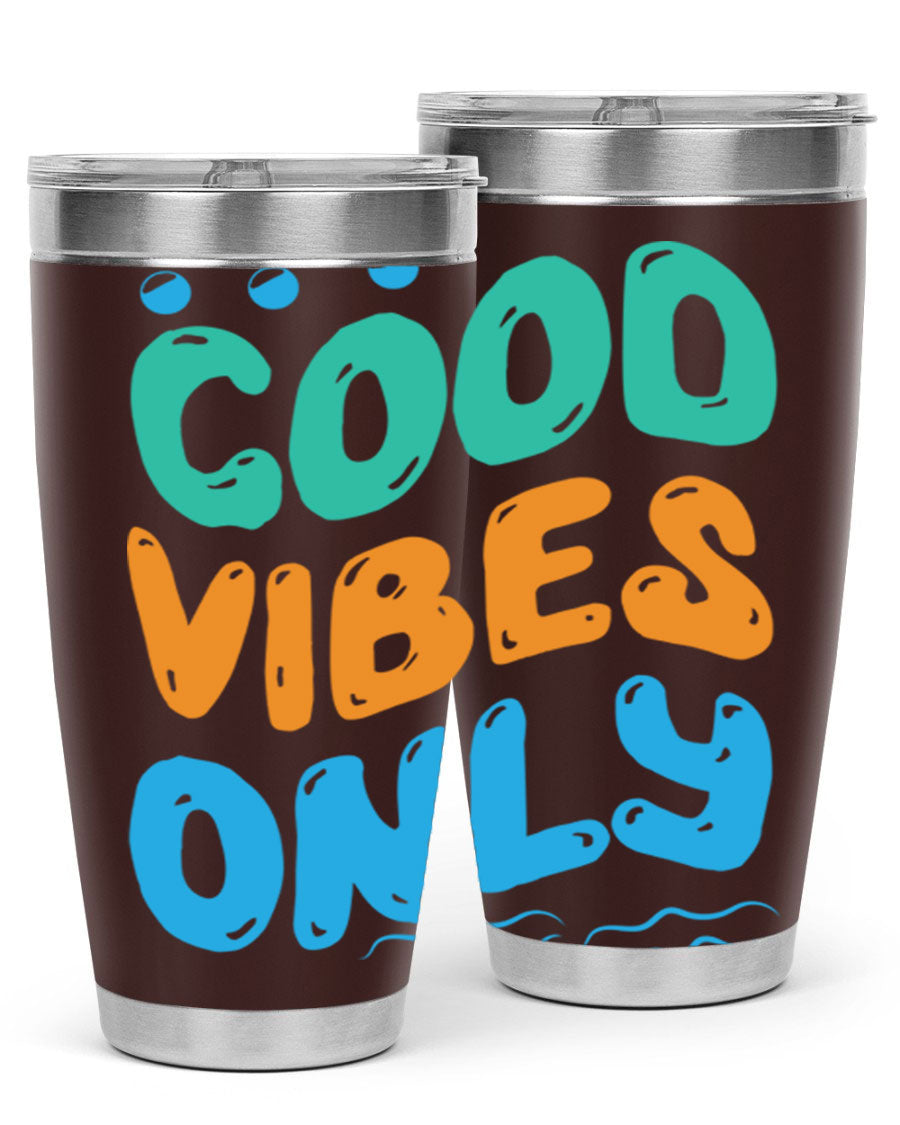 Good Vibes Only Design 20oz Mermaid Tumbler showcasing vibrant colors and stylish design, perfect for hot and cold beverages.
