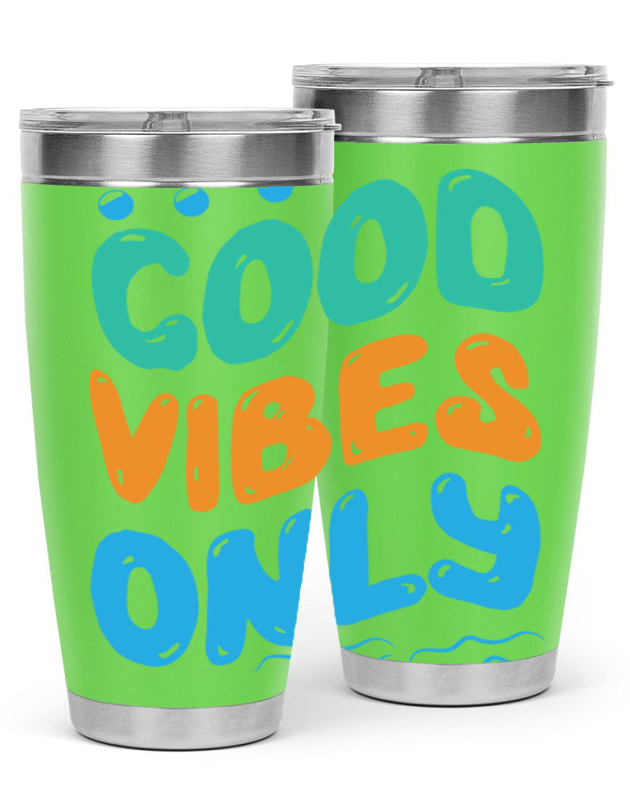 Good Vibes Only Design 20oz Mermaid Tumbler showcasing vibrant colors and stylish design, perfect for hot and cold beverages.