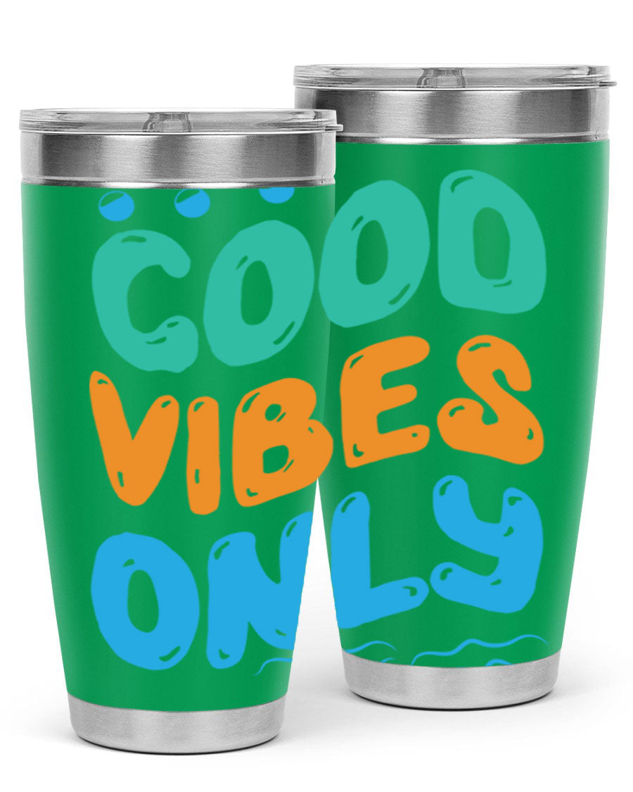Good Vibes Only Design 20oz Mermaid Tumbler showcasing vibrant colors and stylish design, perfect for hot and cold beverages.