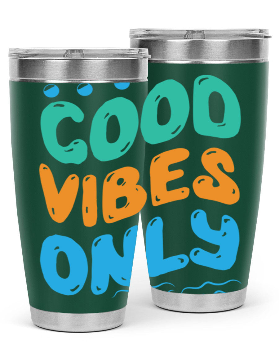 Good Vibes Only Design 20oz Mermaid Tumbler showcasing vibrant colors and stylish design, perfect for hot and cold beverages.