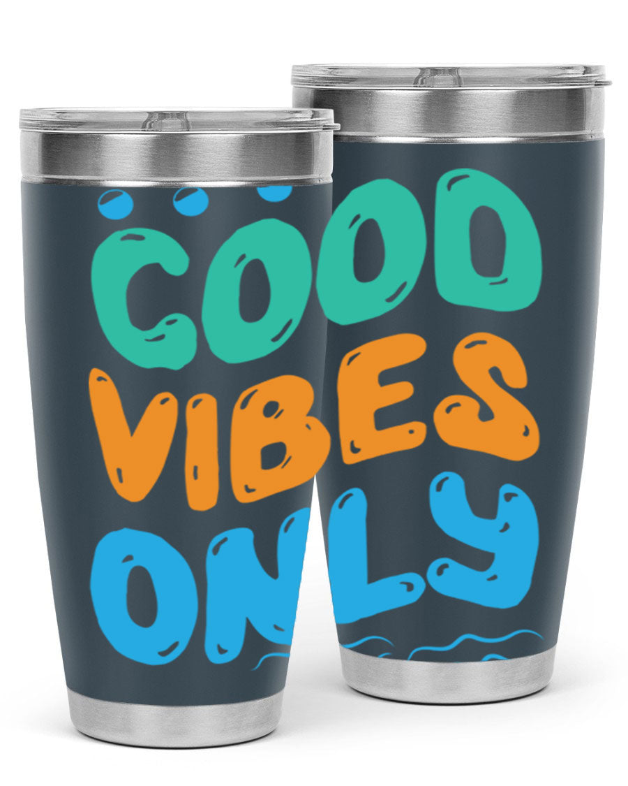Good Vibes Only Design 20oz Mermaid Tumbler showcasing vibrant colors and stylish design, perfect for hot and cold beverages.