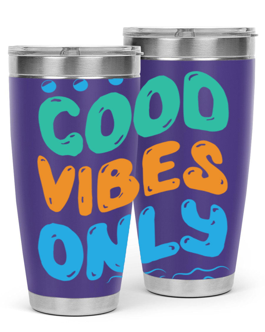Good Vibes Only Design 20oz Mermaid Tumbler showcasing vibrant colors and stylish design, perfect for hot and cold beverages.