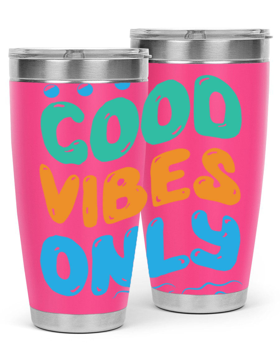 Good Vibes Only Design 20oz Mermaid Tumbler showcasing vibrant colors and stylish design, perfect for hot and cold beverages.