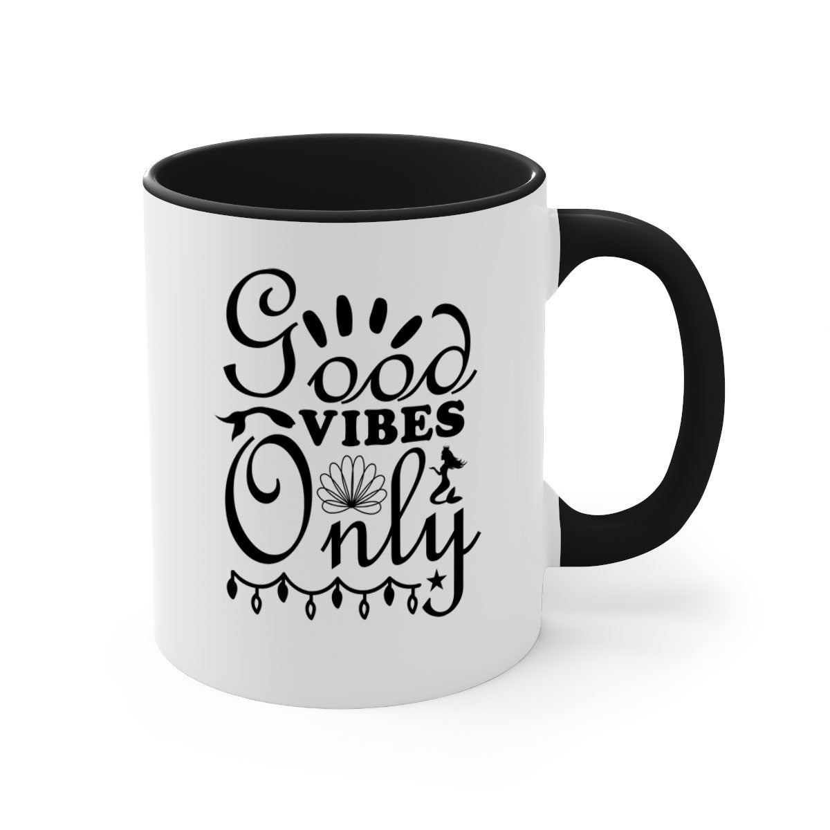 Good Vibes Only design 201# mug with colorful handle and glossy finish, available in multiple colors and sizes.