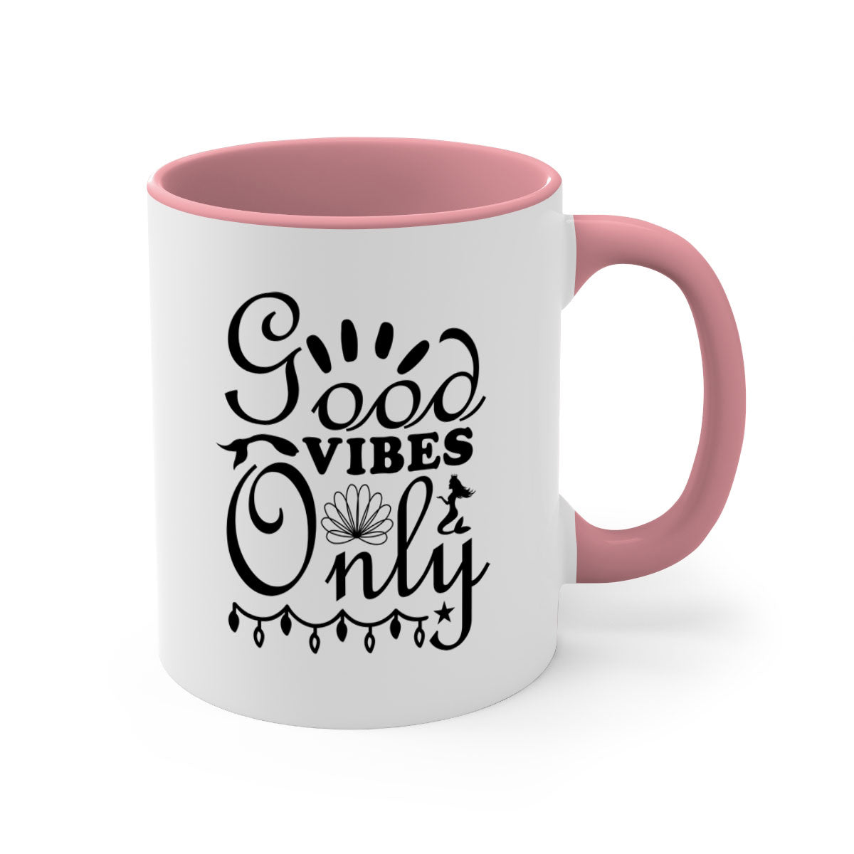 Good Vibes Only design 201# mug with colorful handle and glossy finish, available in multiple colors and sizes.