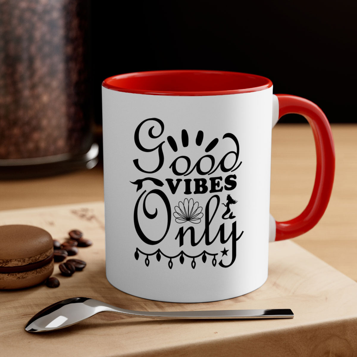 Good Vibes Only design 201# mug with colorful handle and glossy finish, available in multiple colors and sizes.