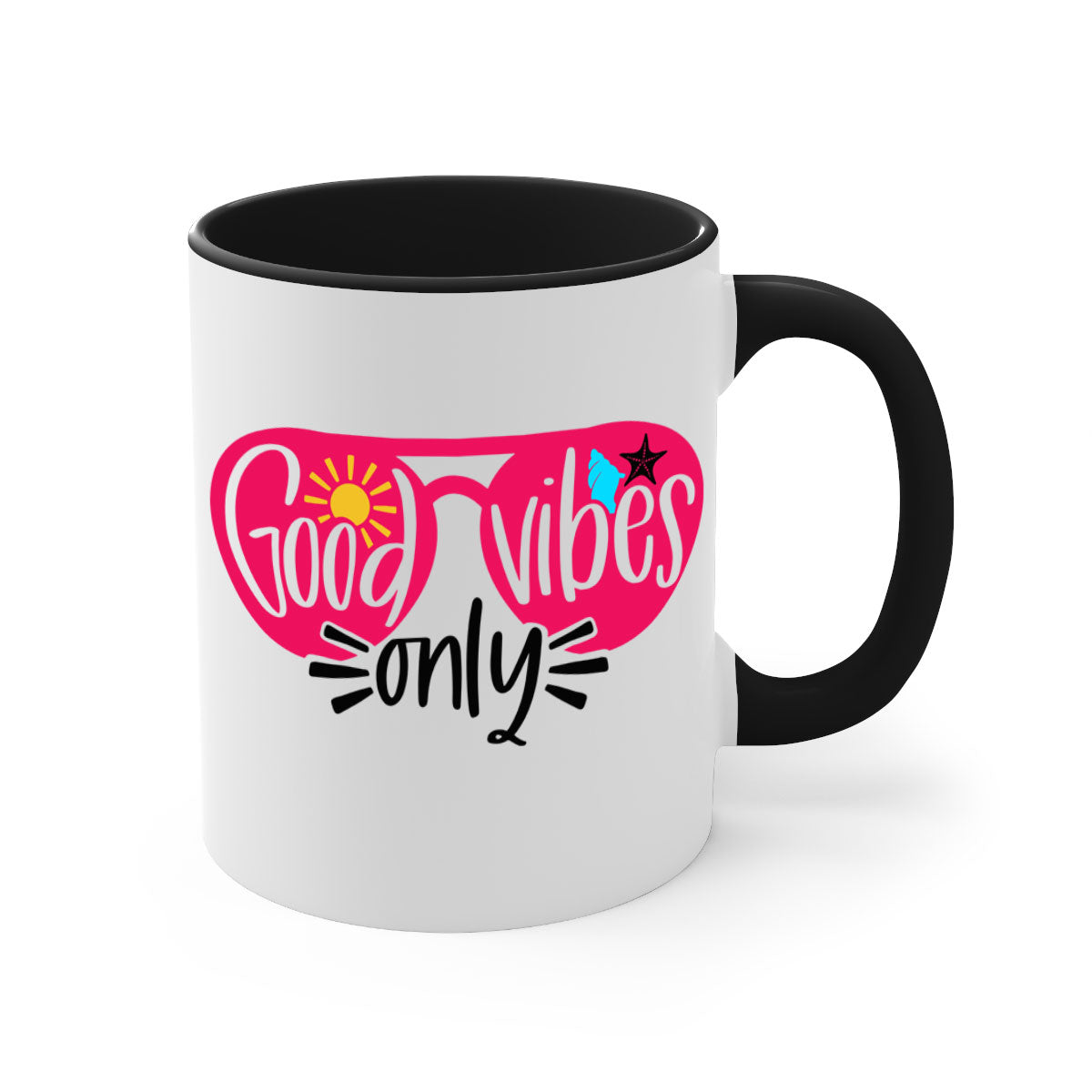 Good Vibes Only Style 42# Mug with colorful handle and glossy finish, available in multiple colors and sizes.