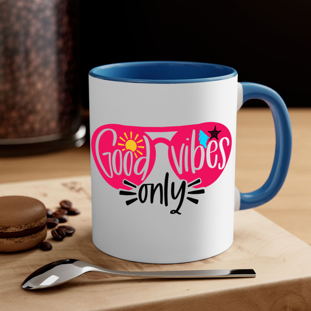 Good Vibes Only Style 42# Mug with colorful handle and glossy finish, available in multiple colors and sizes.