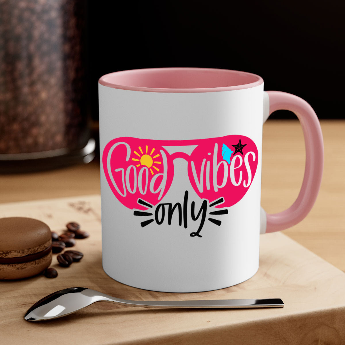 Good Vibes Only Style 42# Mug with colorful handle and glossy finish, available in multiple colors and sizes.