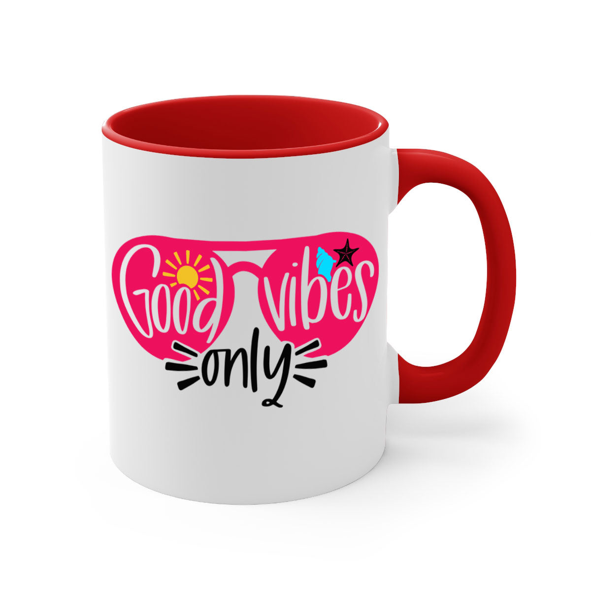 Good Vibes Only Style 42# Mug with colorful handle and glossy finish, available in multiple colors and sizes.