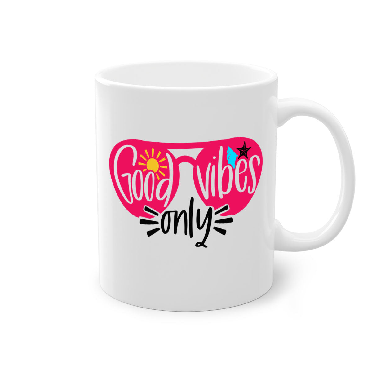 Good Vibes Only Style 42# Mug with colorful handle and glossy finish, available in multiple colors and sizes.
