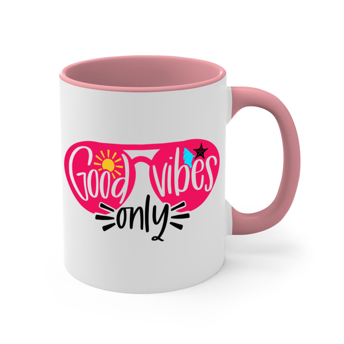 Good Vibes Only Style 42# Mug with colorful handle and glossy finish, available in multiple colors and sizes.