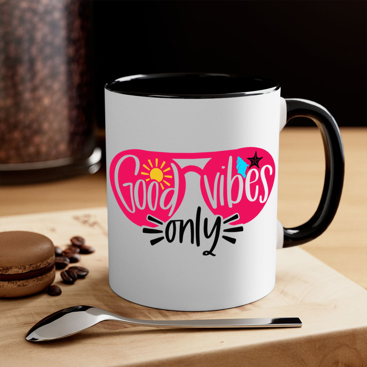 Good Vibes Only Style 42# Mug with colorful handle and glossy finish, available in multiple colors and sizes.