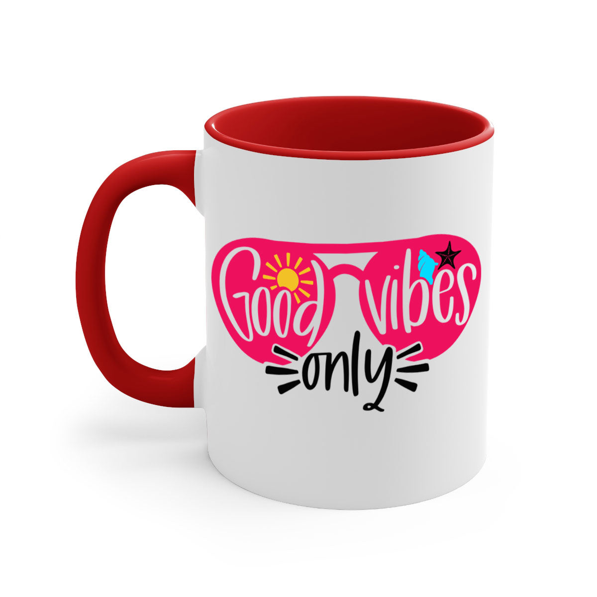 Good Vibes Only Style 42# Mug with colorful handle and glossy finish, available in multiple colors and sizes.