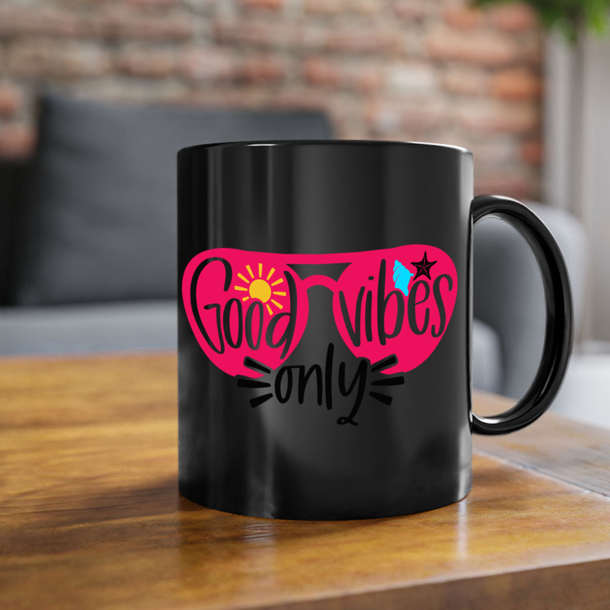 Good Vibes Only Style 42# Mug with colorful handle and glossy finish, available in multiple colors and sizes.