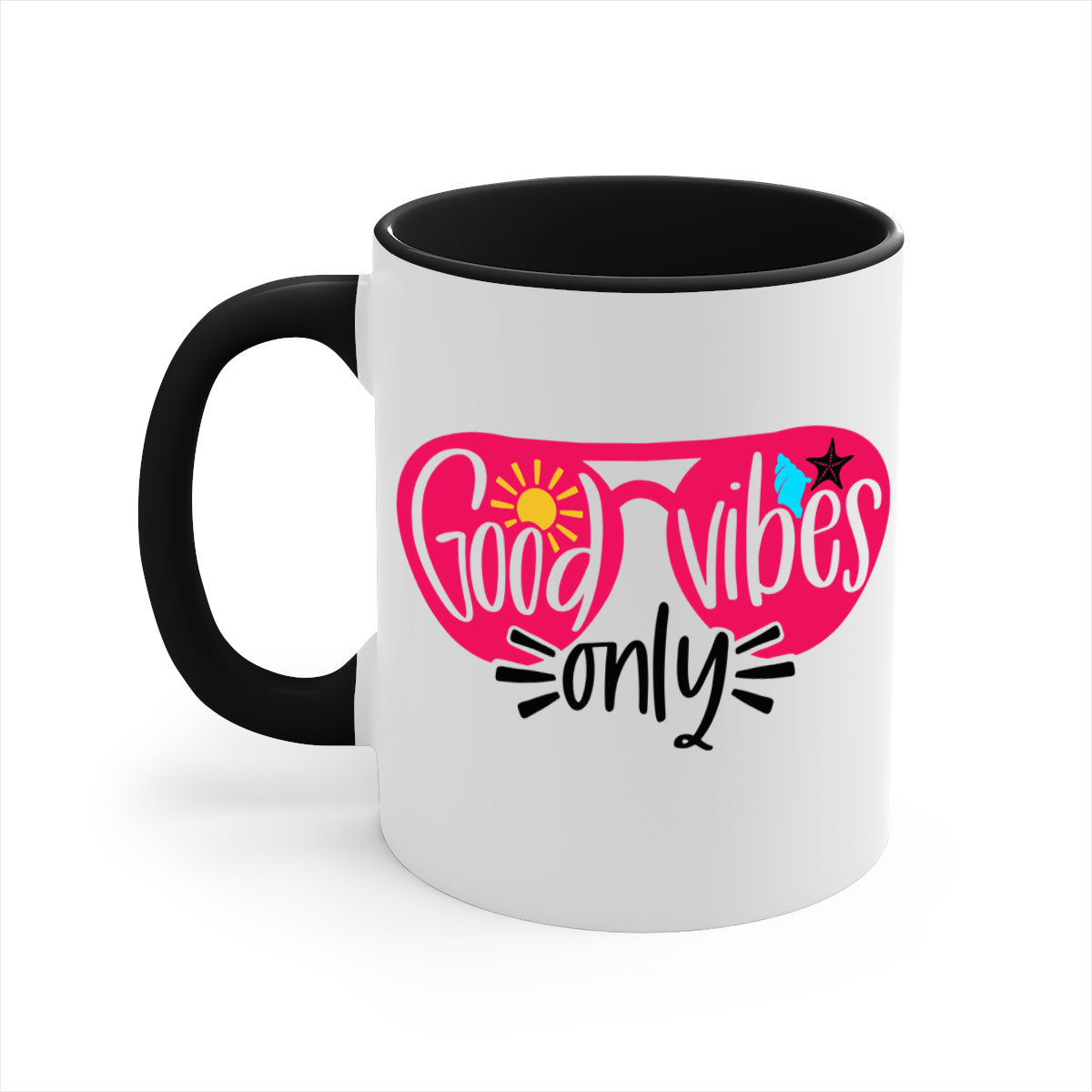Good Vibes Only Style 42# Mug with colorful handle and glossy finish, available in multiple colors and sizes.