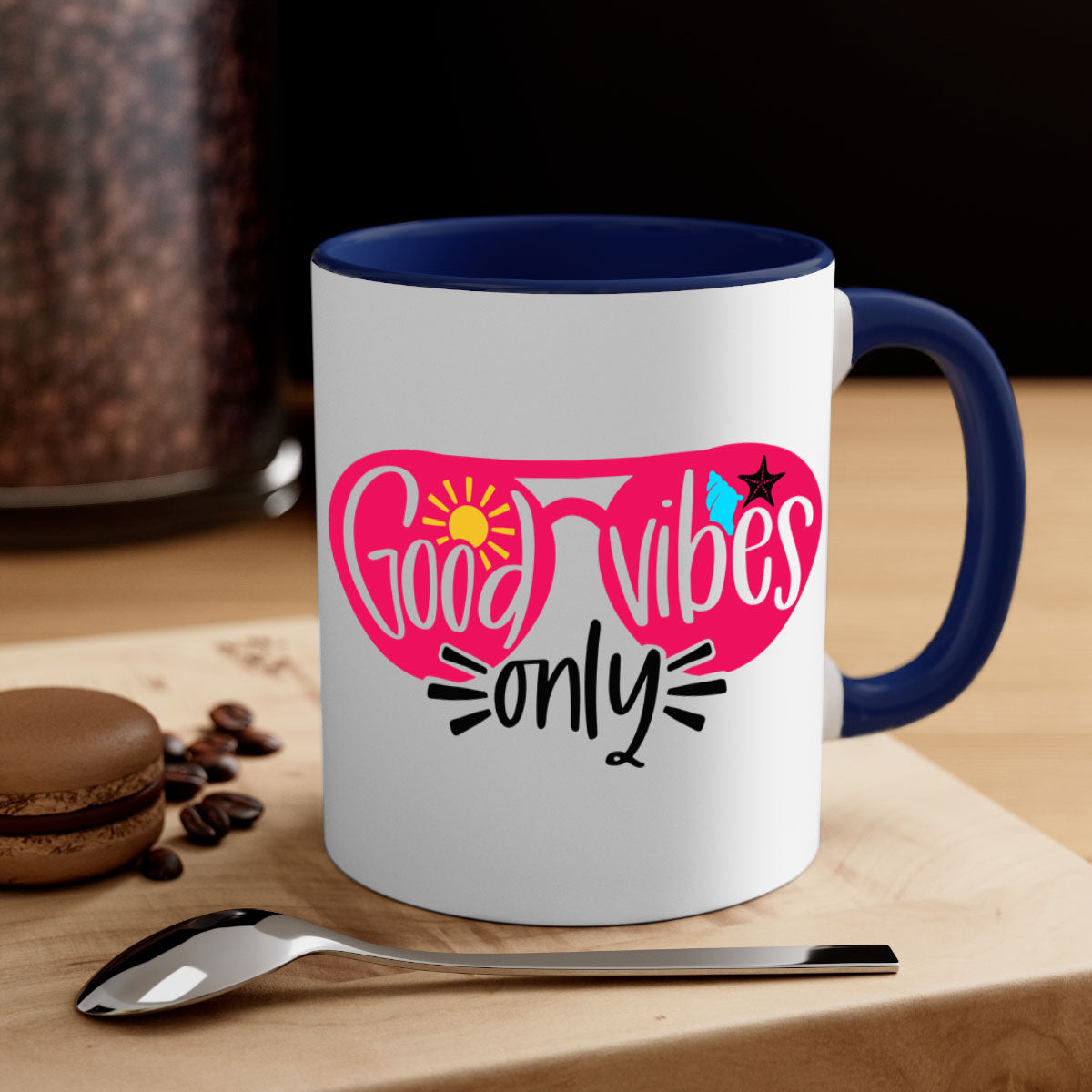 Good Vibes Only Style 42# Mug with colorful handle and glossy finish, available in multiple colors and sizes.