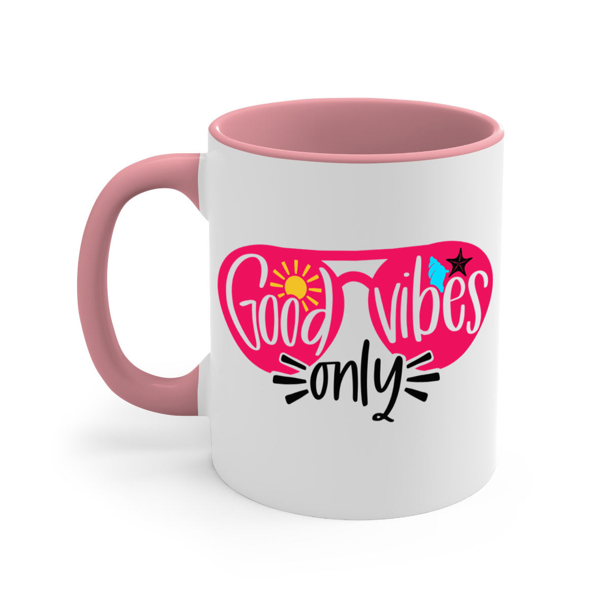 Good Vibes Only Style 42# Mug with colorful handle and glossy finish, available in multiple colors and sizes.