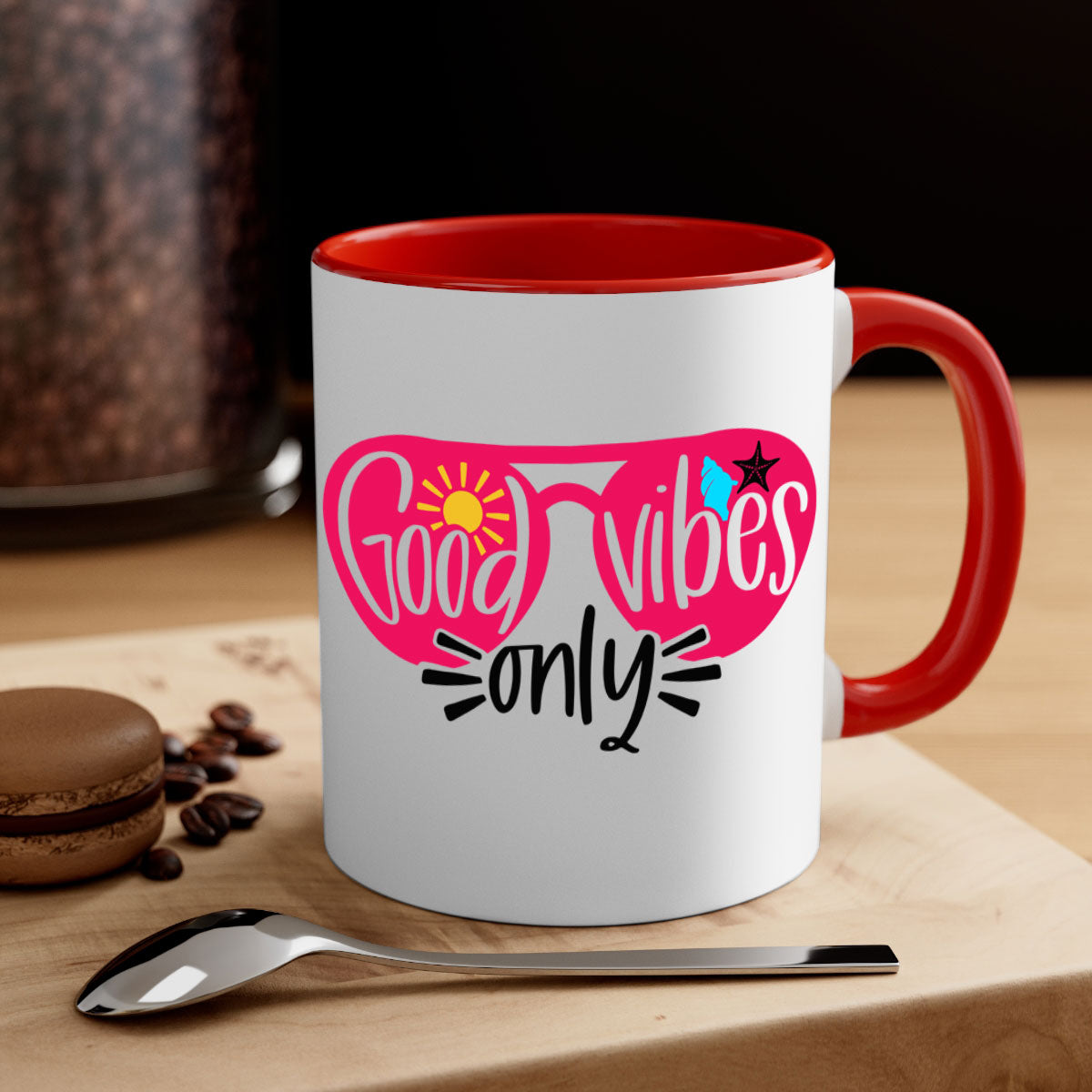 Good Vibes Only Style 42# Mug with colorful handle and glossy finish, available in multiple colors and sizes.