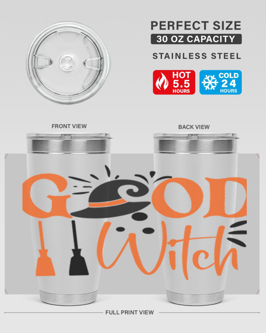 Good Witch 112# Halloween Tumbler, 20oz double wall vacuum stainless steel with a whimsical design, perfect for hot and cold beverages.