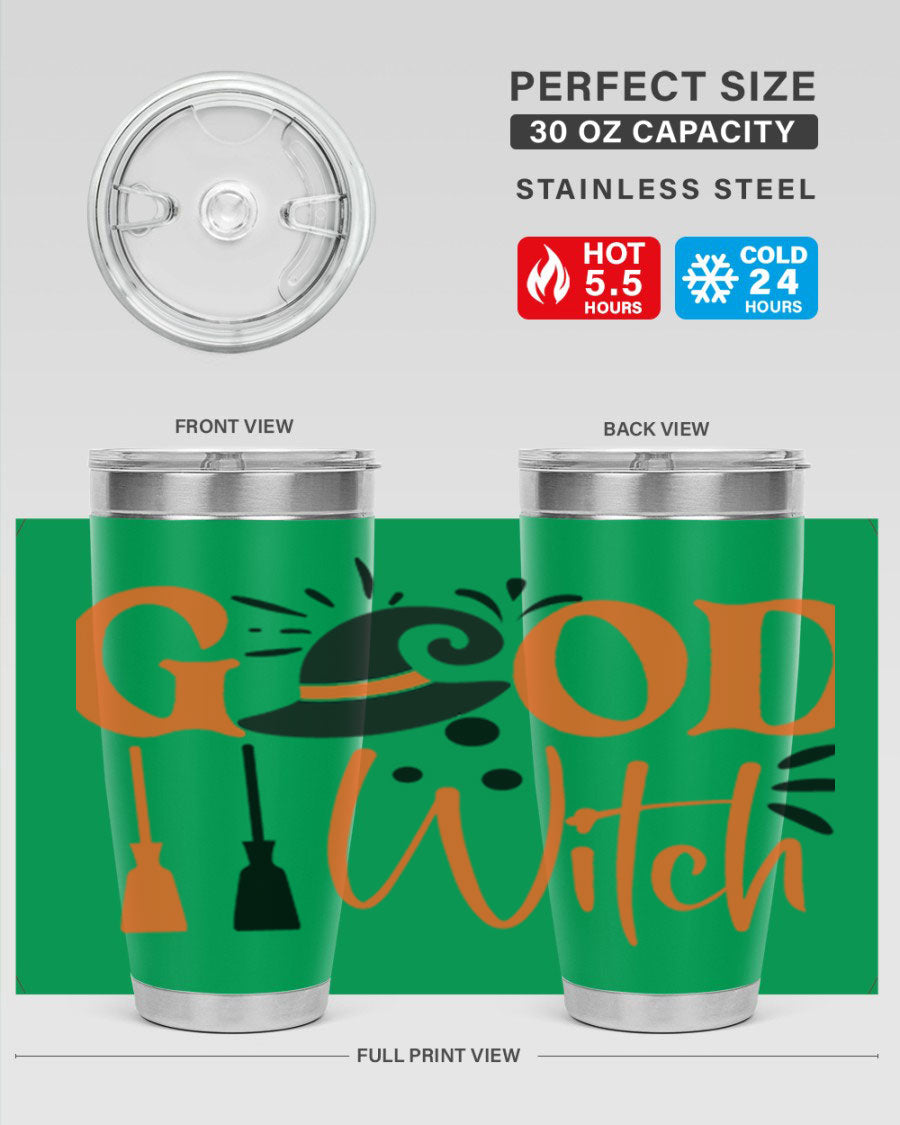 Good Witch 112# Halloween Tumbler, 20oz double wall vacuum stainless steel with a whimsical design, perfect for hot and cold beverages.