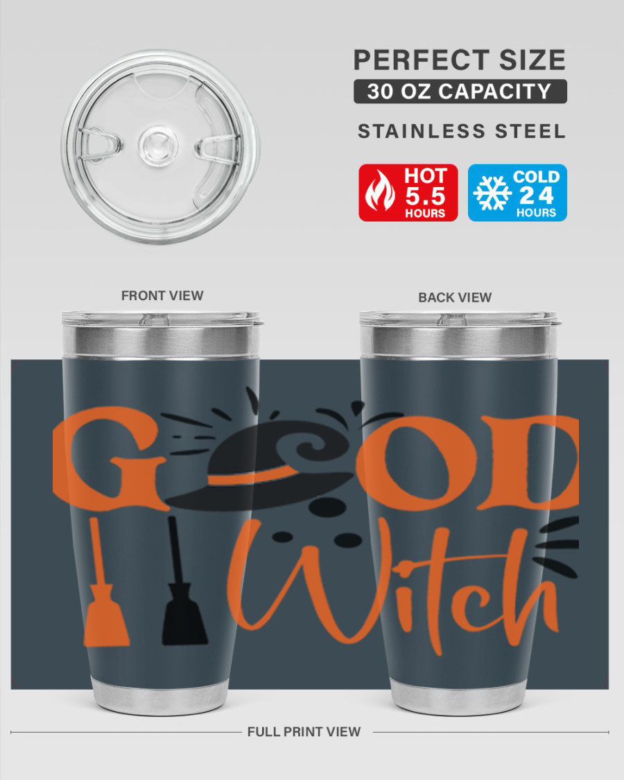Good Witch 112# Halloween Tumbler, 20oz double wall vacuum stainless steel with a whimsical design, perfect for hot and cold beverages.