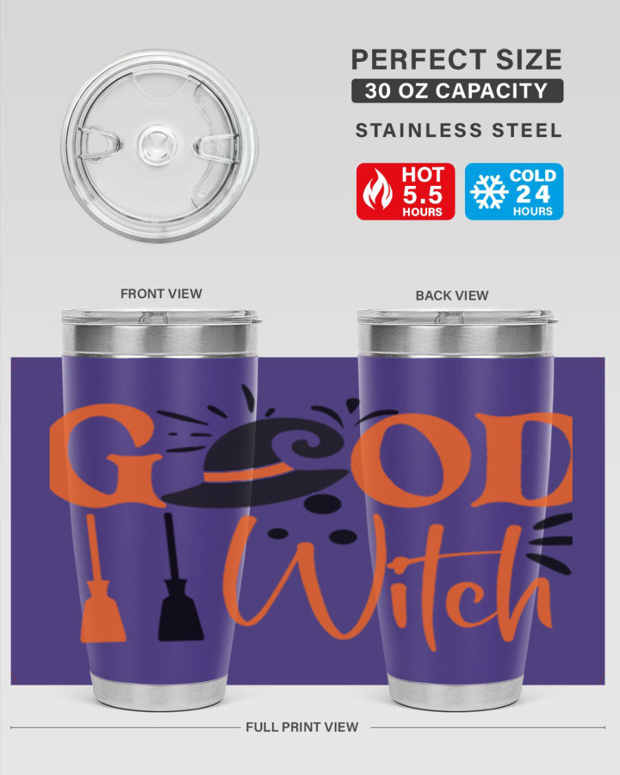 Good Witch 112# Halloween Tumbler, 20oz double wall vacuum stainless steel with a whimsical design, perfect for hot and cold beverages.